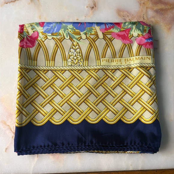 Pierre Balmain Floral Gold and Blue Scarf - Picture 2 of 4